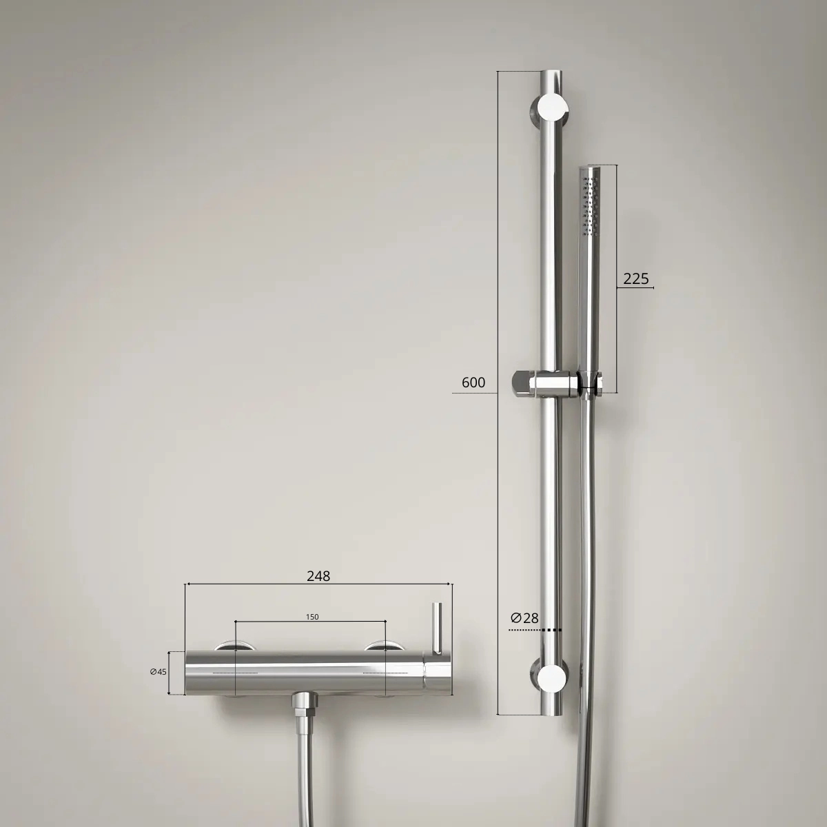 Robinet de douche mural Chromé Chatelet. Kit barre et douchette tube. N° 316669. 392,99 €. Mitigeur douche externe finition Chromé brillant, gamme Chatelet, avec barre et douchette tube.