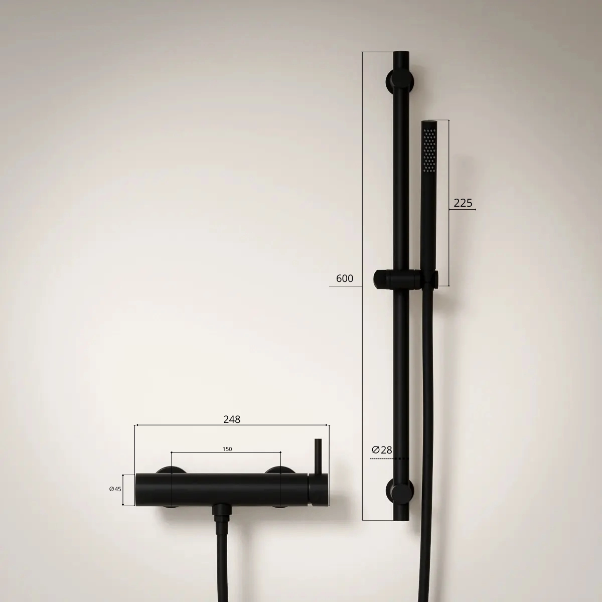 Ensemble Mitigeur douche externe Noir Mat, modèle Chatelet. Robinet de douche noir mat Chatelet. Mitigeur externe avec barre, douchette. Style moderne.