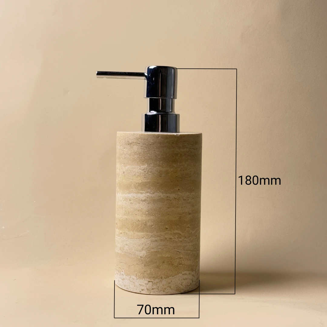 undefined Schéma Distributeur de Savon Rond Travertin Beige & Pompe Chromée