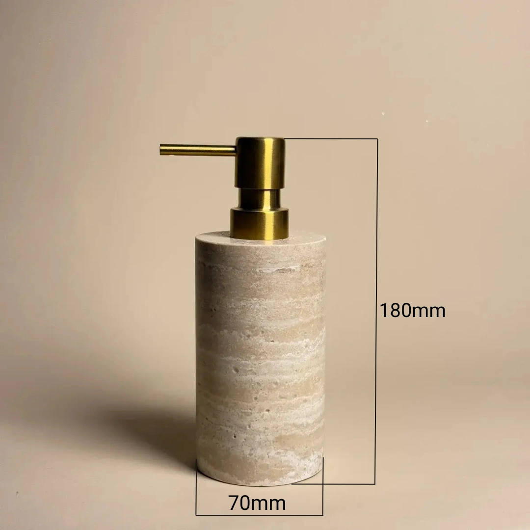 undefined Schéma Distributeur de savon rond, travertin beige & Pompe Doré Brossé