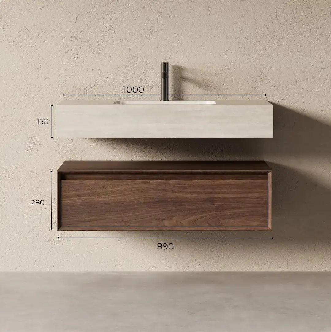 undefined Schéma coté Ensemble de salle de bain suspendu Irene 100 cm, finition noyer foncé avec plan vasque en pierre frittée travertin.