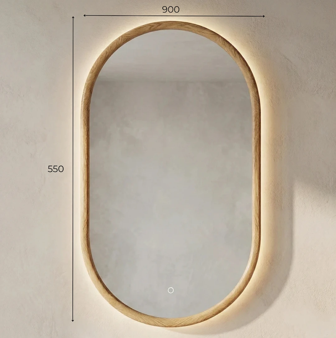 undefined Schéma technique Miroir oblong Omnia 55x90 cm avec cadre en frêne massif, rétroéclairage LED et interrupteur tactile.