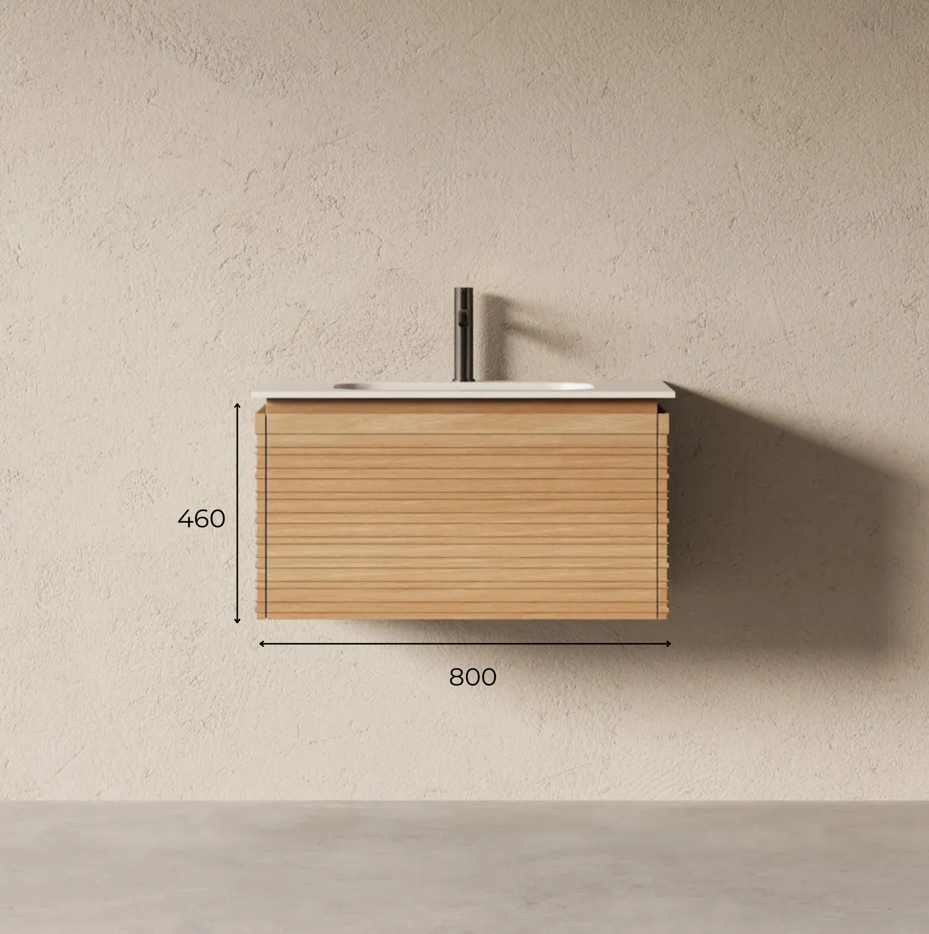 undefined Schéma technique Meuble de salle de bain suspendu à 1 grand tiroir en bois finition chêne naturel cannelé horizontal avec vasque simple.