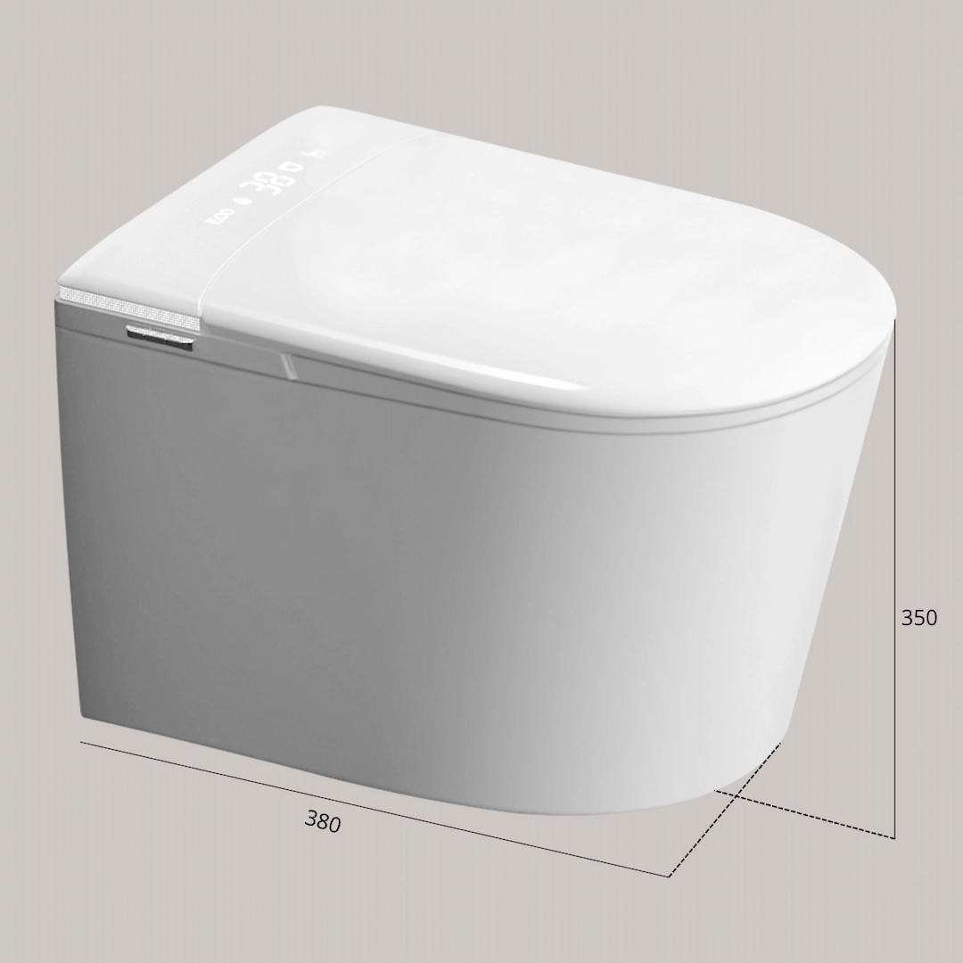 undefined Schéma technique WC suspendu japonais Lodge blanc en céramique avec affichage digital, abattant électronique et capteur laser au pied