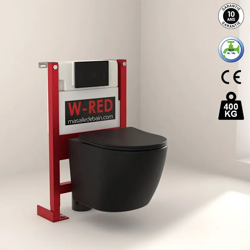 [PKWRED-7] PACK WC Bati-support BAS Autoportant W-RED + WC sans bride Noir mat + plaque.webp