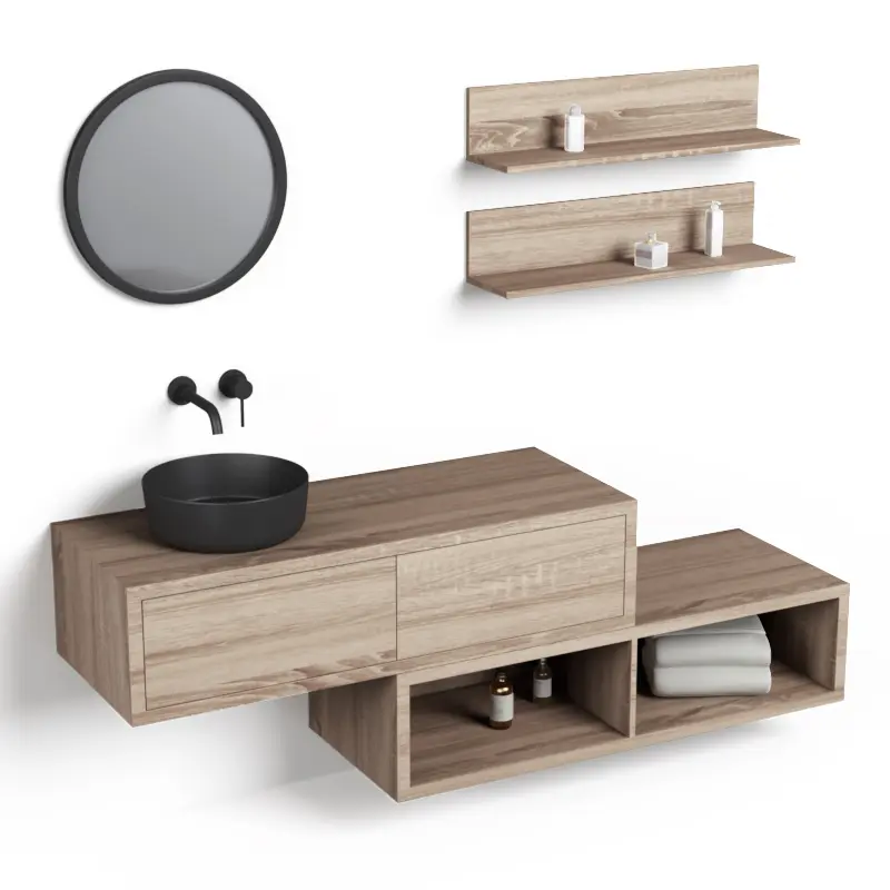 Ensemble meuble salle de bain 120 cm + caisson rangement et tablettes, Cambrian, Step.webp