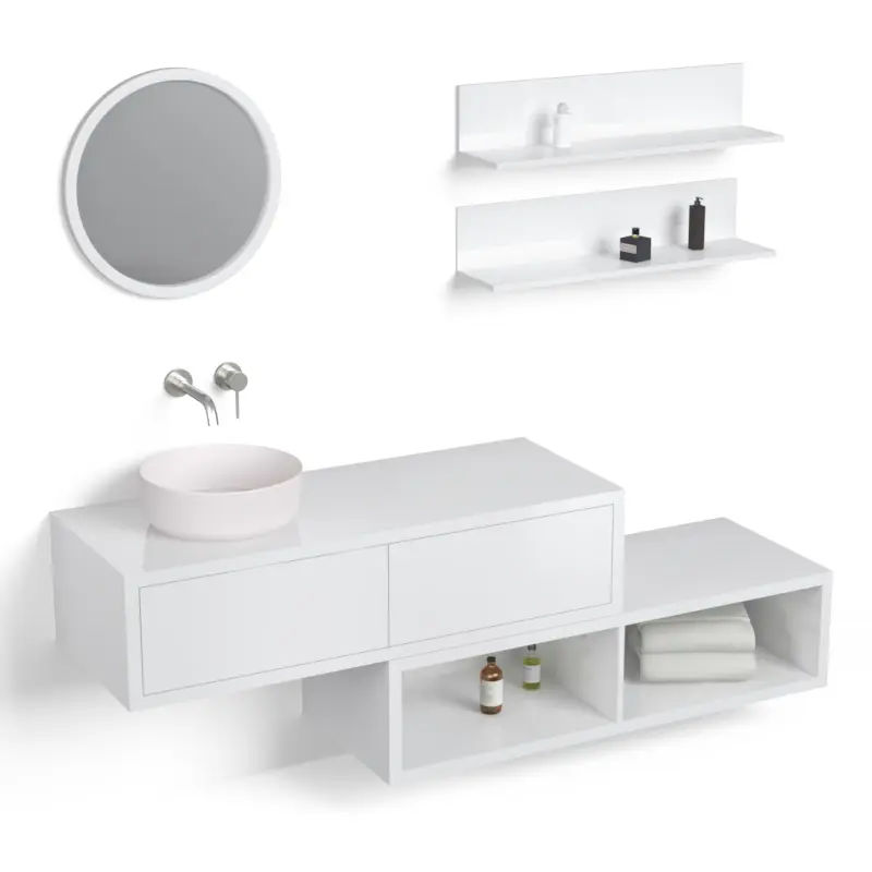 Ensemble meuble salle de bains 120 cm + caisson rangement et tablettes, Blanc, Step.webp