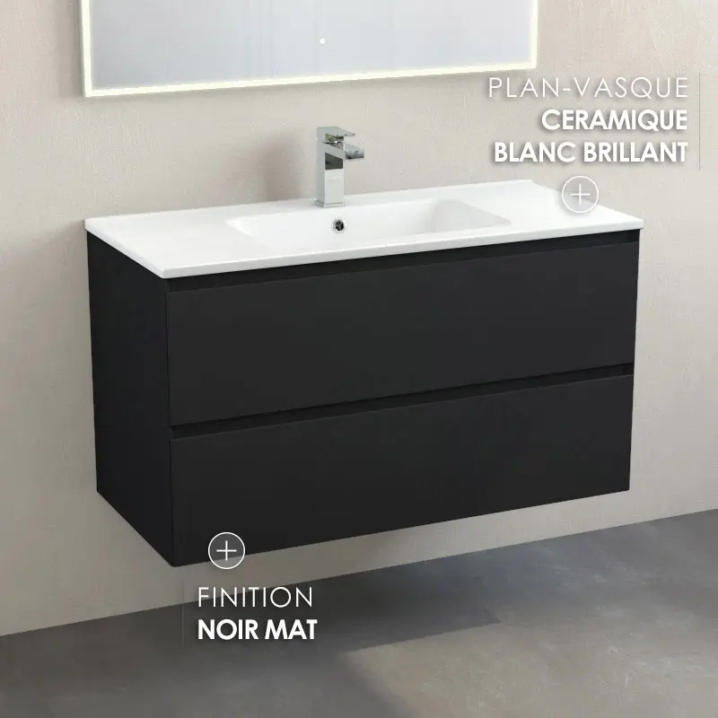 Meuble suspendu 100cm noir mat et plan vasque céramique blanc, One.webp
