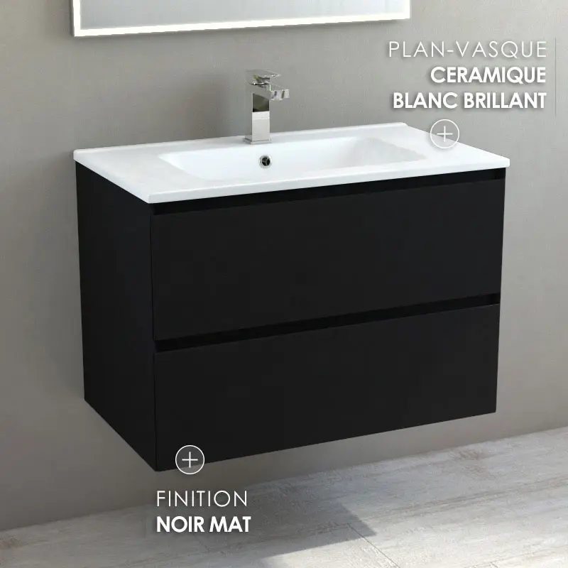 Meuble suspendu 80cm noir mat et plan vasque céramique blanc, One.webp