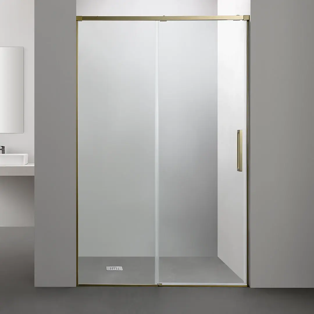 Paroi de douche coulissante doré brossé, ajustable 95-180 cm, avec système softclose et verre anticalcaire.