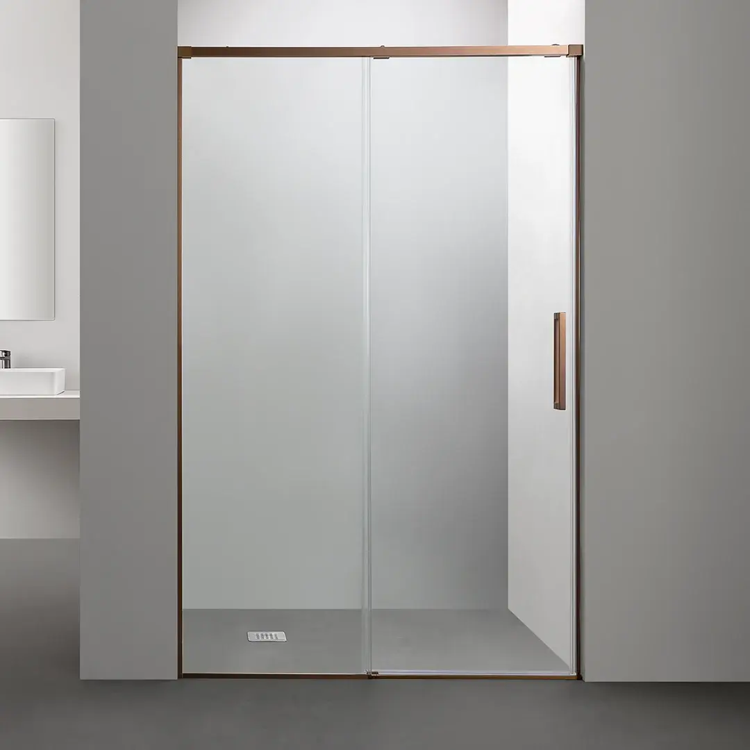 Paroi de douche coulissante doré rose brossé avec fermeture softclose, ajustable de 95 à 180 cm.