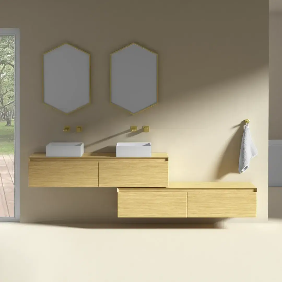 Meuble de salle de bain mural Aurélien en chêne véritable 140x40x30 cm, comprenant meuble vasque rectangulaire et meuble bas assorti.