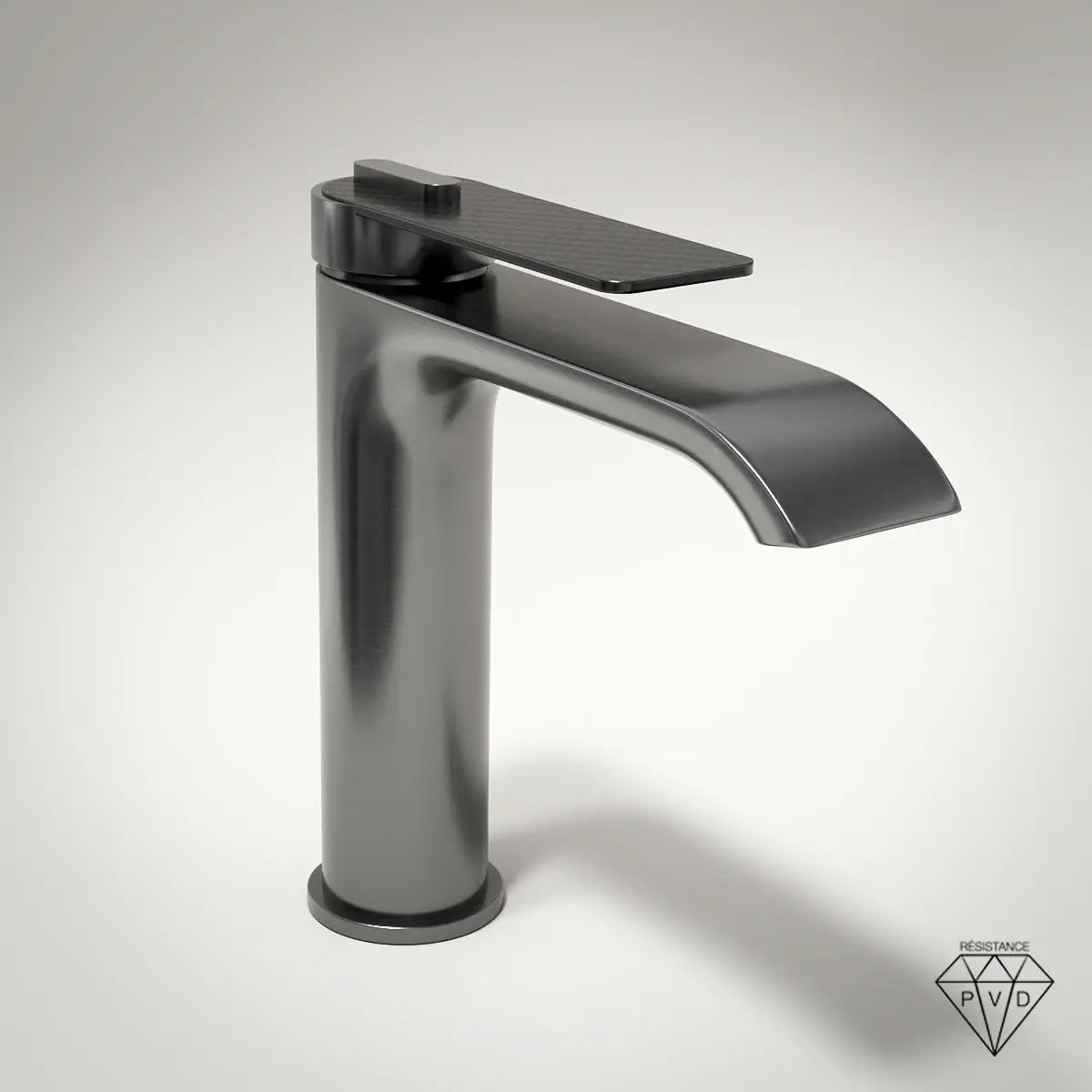 Robinet mitigeur lavabo Gun Métal avec manette Carbone, design industriel épuré et finition métallique haut de gamme.