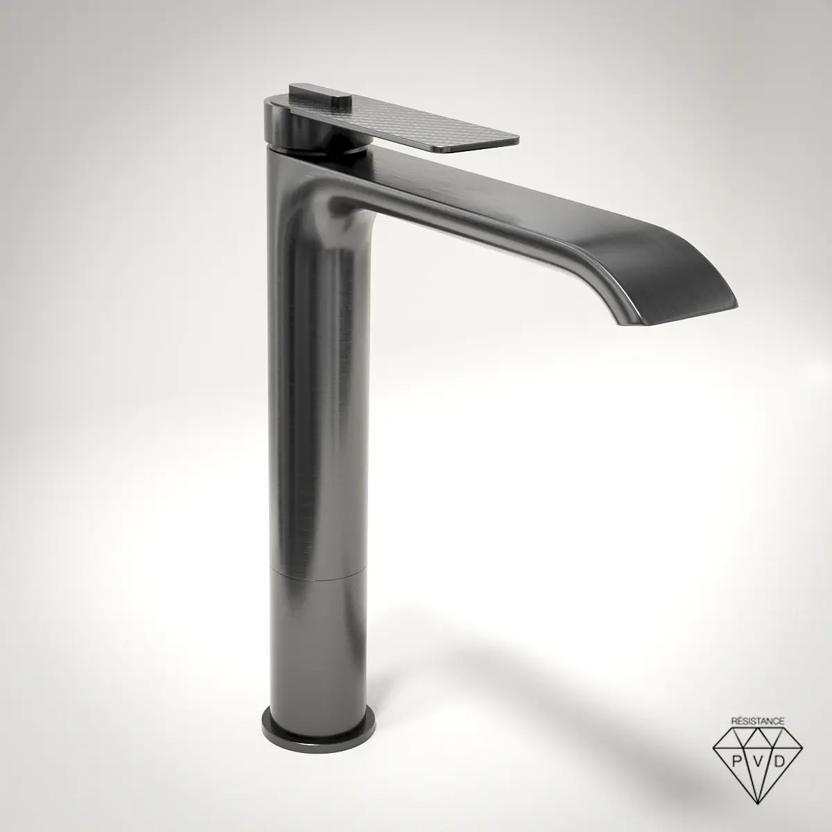 Robinet mitigeur lavabo surélevé Gun Métal avec manette Carbone, design industriel et finition métallique robuste.