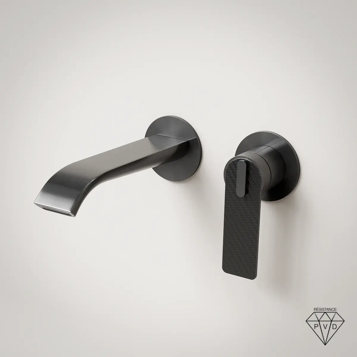 Robinet mitigeur lavabo mural encastré Gun Métal avec manette Carbone, design industriel et finition métallique robuste.