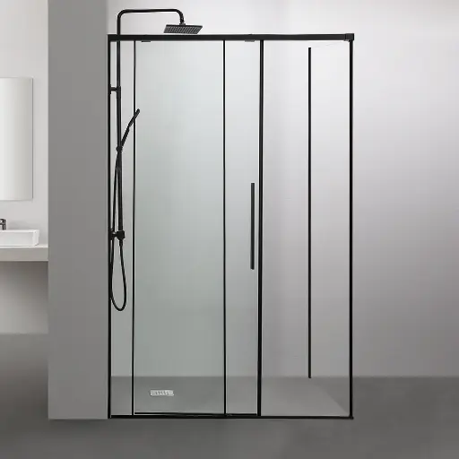 Cabine de douche coulissante softclose, 95 à 180cm, avec retour fixe d'angle 70_80_90_100cm, Noir mat, Porta.webp