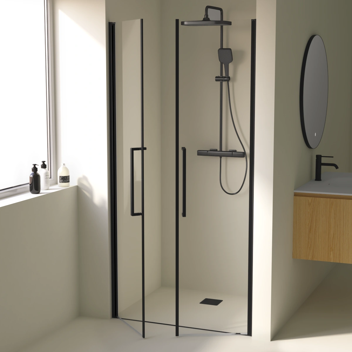 Paroi de douche saloon sur mesure noir brossé avec deux portes battantes ouverture intérieure et extérieure