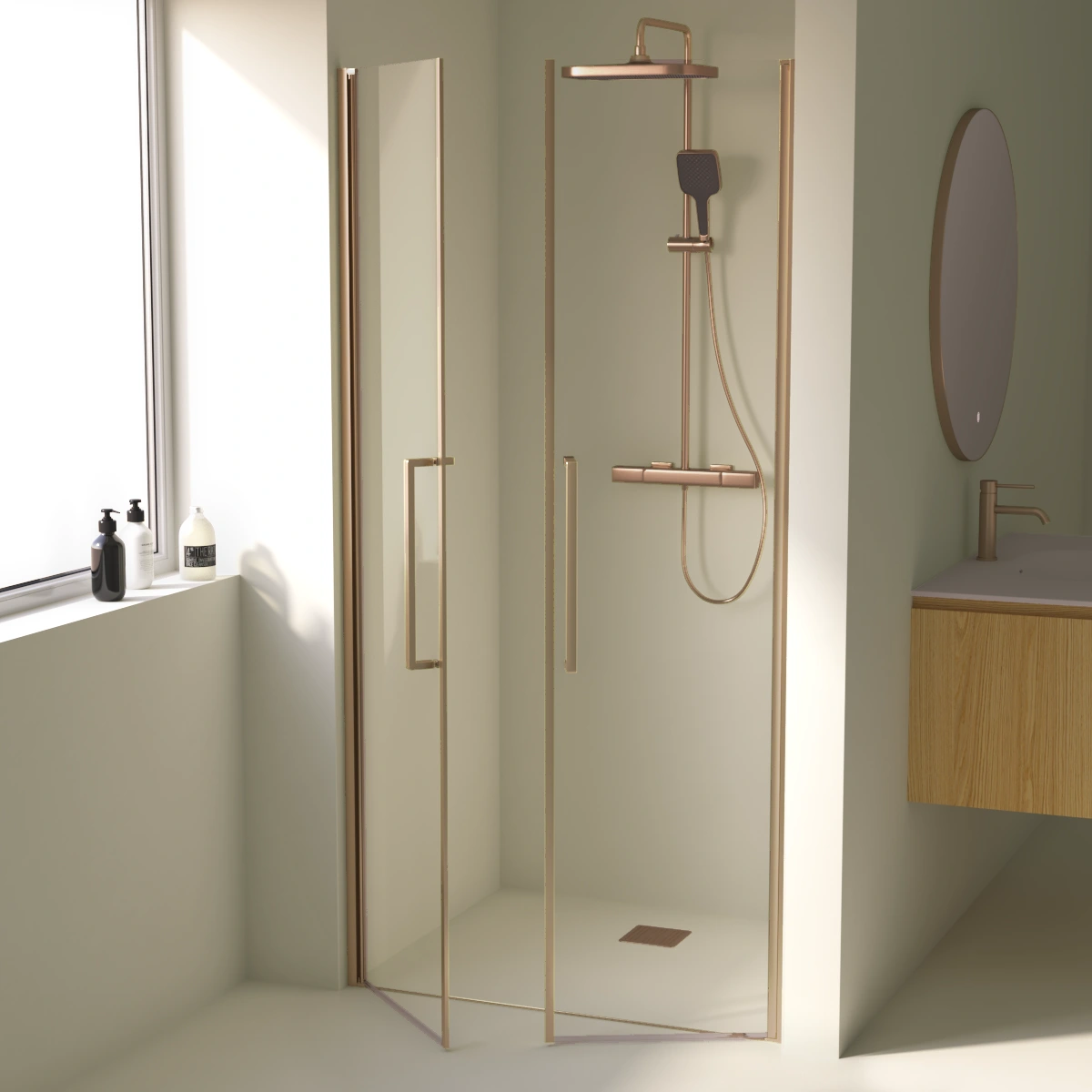 Porte de douche saloon, Sur-mesure de 58 à 95,5 cm, Doré rose brossé, Regia 