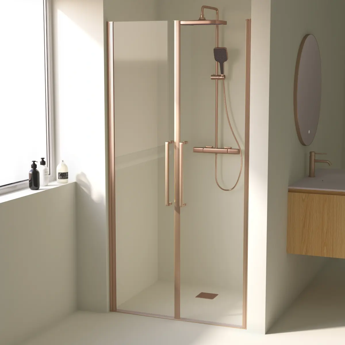 Paroi de douche saloon sur mesure doré rose brossé avec deux portes battantes ouverture intérieure et extérieure
