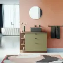 Meuble à poser 100 cm, vert olive et bois noyer, bord arrondi, Alma.webp