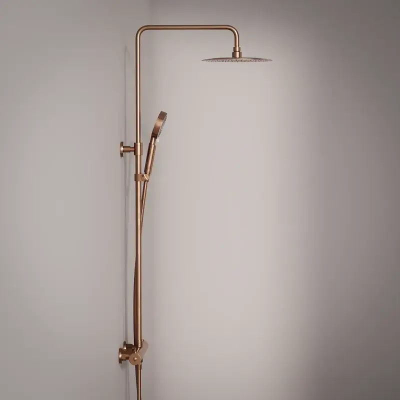 Colonne de douche avec mitigeur thermostatique, Ø25cm, douchette ronde 3 voies, doré rose brossé, Chatelet 