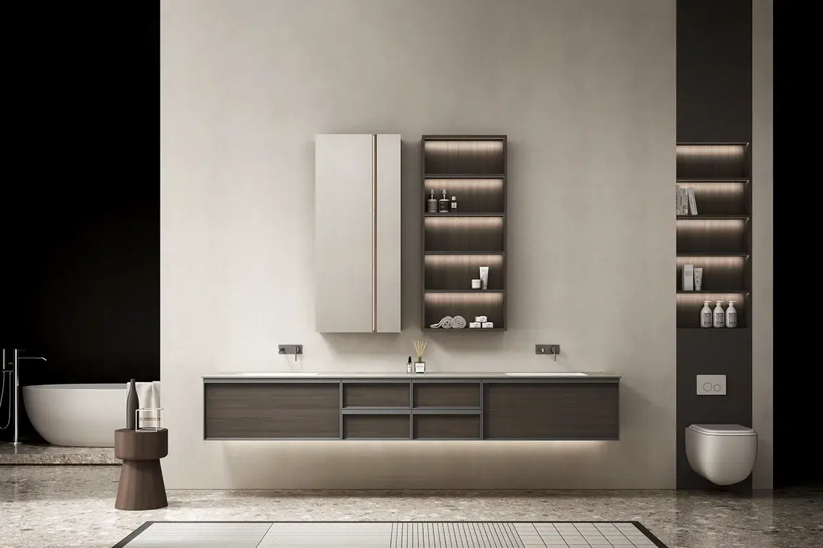 meuble vasque en bois Alpi Velo Mocha avec plan en terrazzo, vasque intégrée blanche, étagère ouverte à LED, et miroir cadre bois assorti, installé dans une salle de bain moderne et chaleureuse.