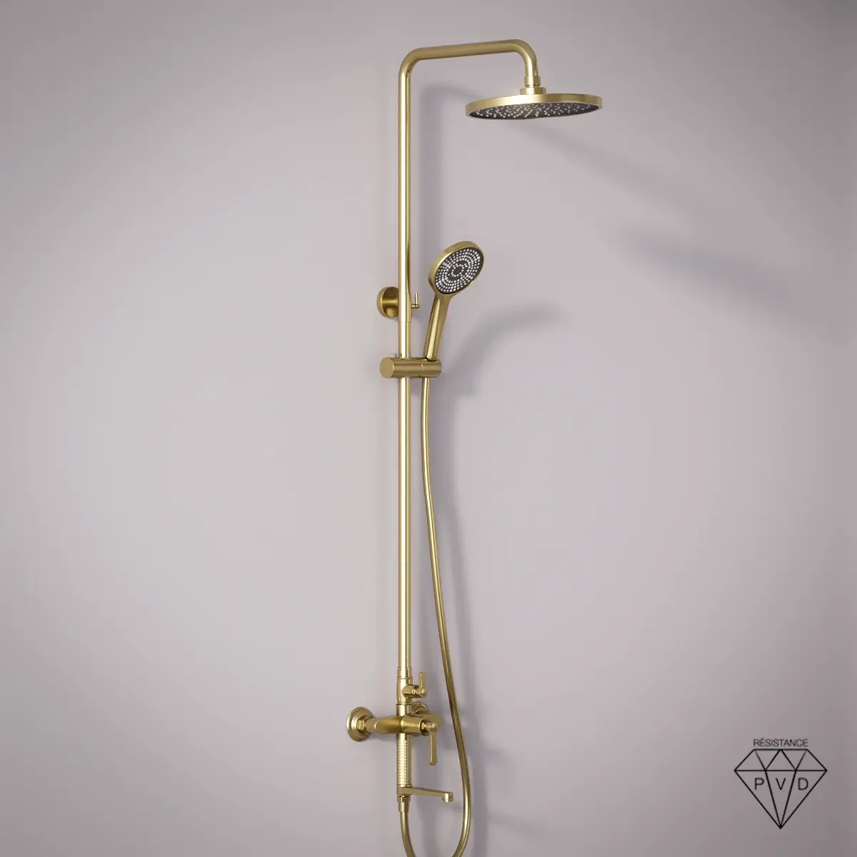 Colonne bain-douche César doré brossé avec corps cannelé et douchette assortie