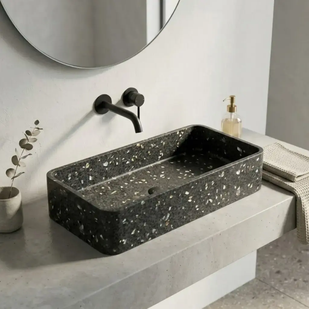Vasque béton rectangulaire, 60 cm, terrazzo noir, Série T