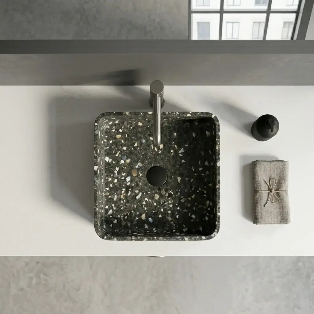 Vasque béton carrée, 39x39 cm, terrazzo Noir 