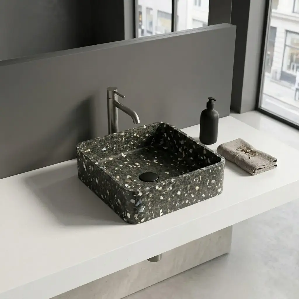 Vasque béton carrée, 39x39 cm, terrazzo Noir 