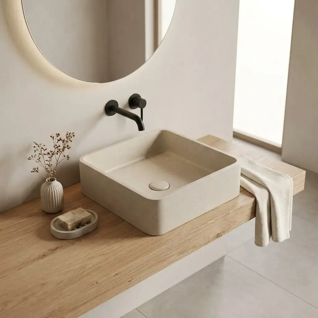 Vasque béton carrée, 39x39 cm, terrazzo beige SW