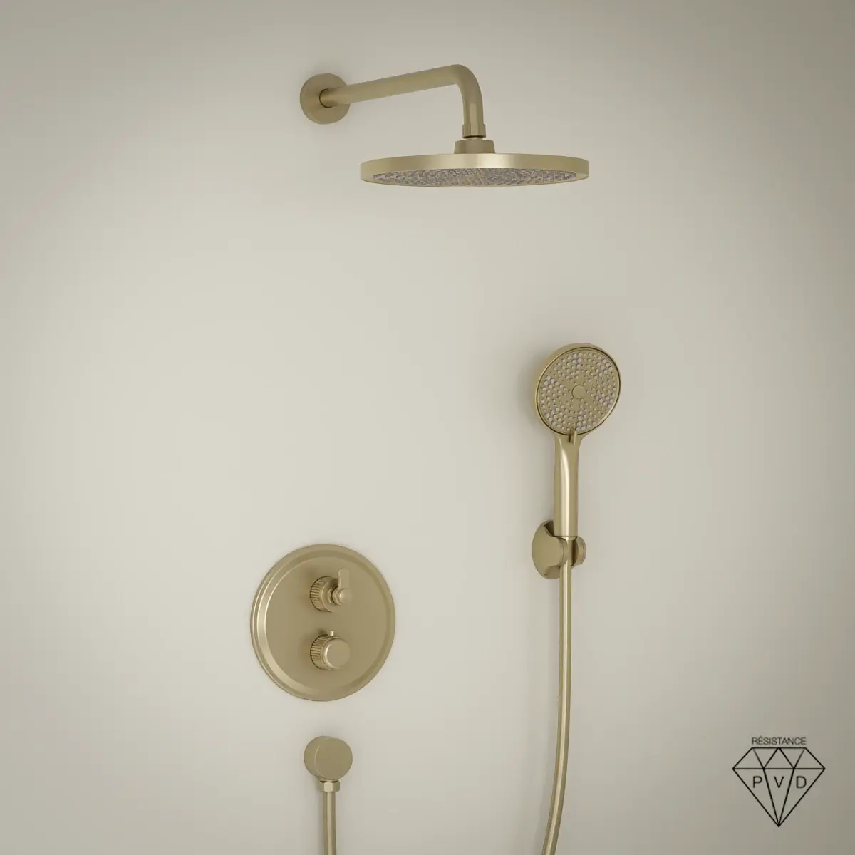 Composition de douche encastrée César doré brossé avec mitigeur cannelé, douche de tête circulaire slim et douchette à main.