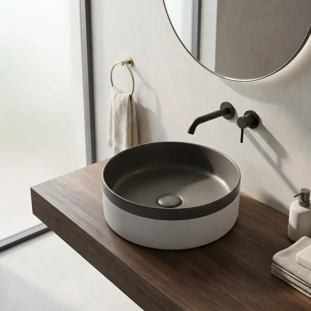 Vasque à poser bicolore au style affirmé, avec intérieur et rebord gris foncé mat contrastant avec un socle blanc, pour une ambiance contemporaine et graphique.