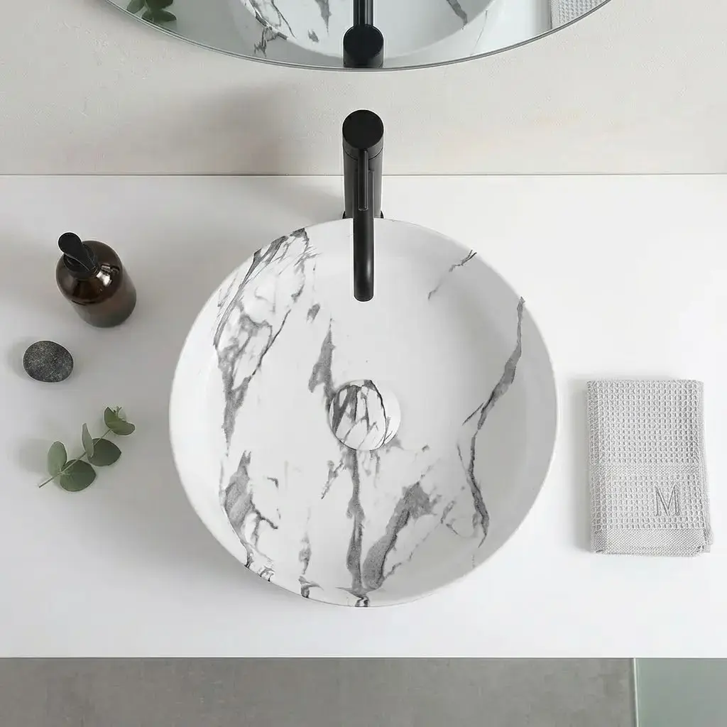 Vasque à poser effet marbre calacatta ronde, 36x12, Clea  