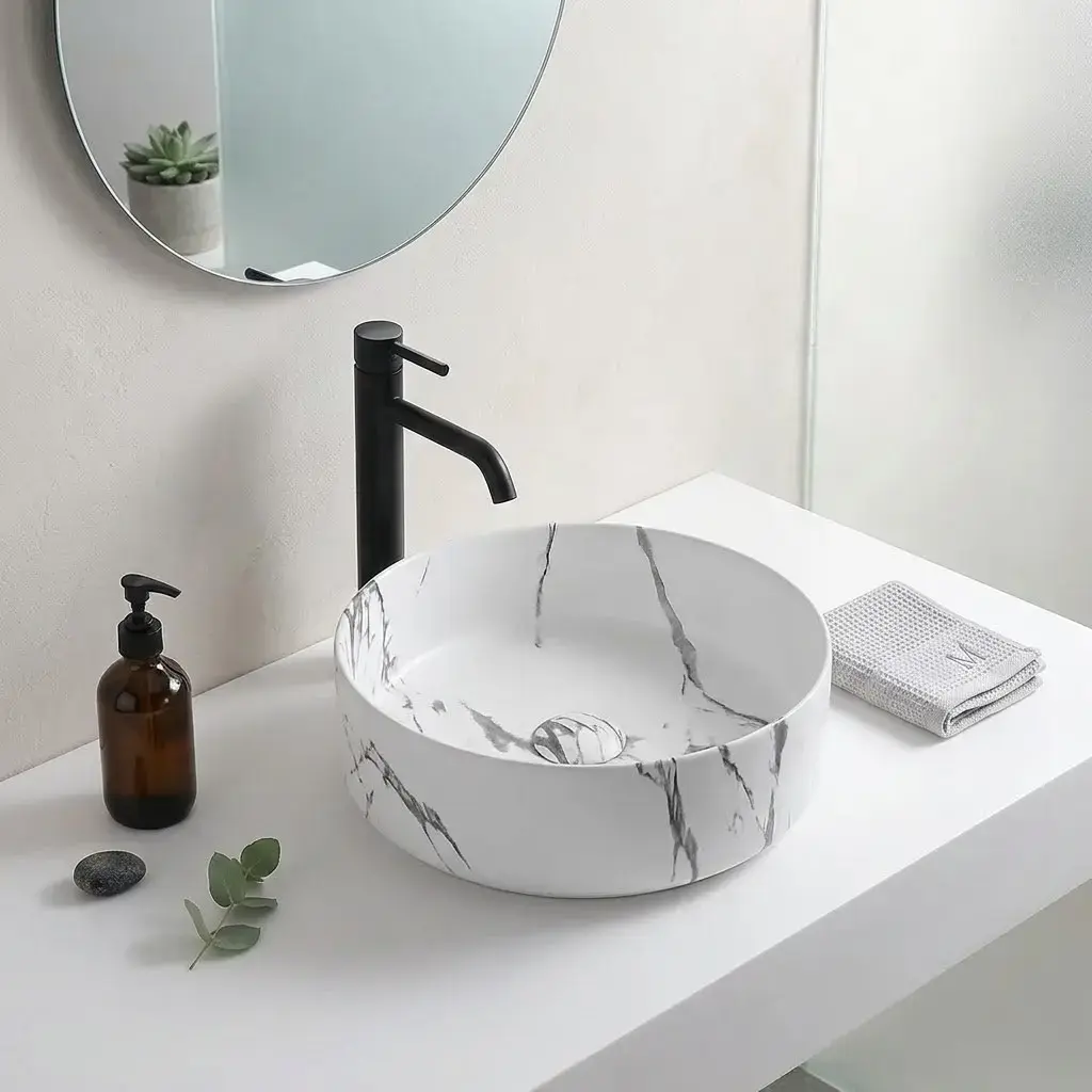 Vasque à poser ronde en céramique blanche, finition effet marbre calacatta avec veines grises, pour un contraste doux et contemporain.
