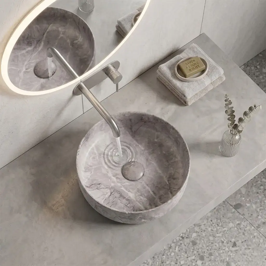 Vasque à poser effet marbre gris ronde, 36x12, Clea   