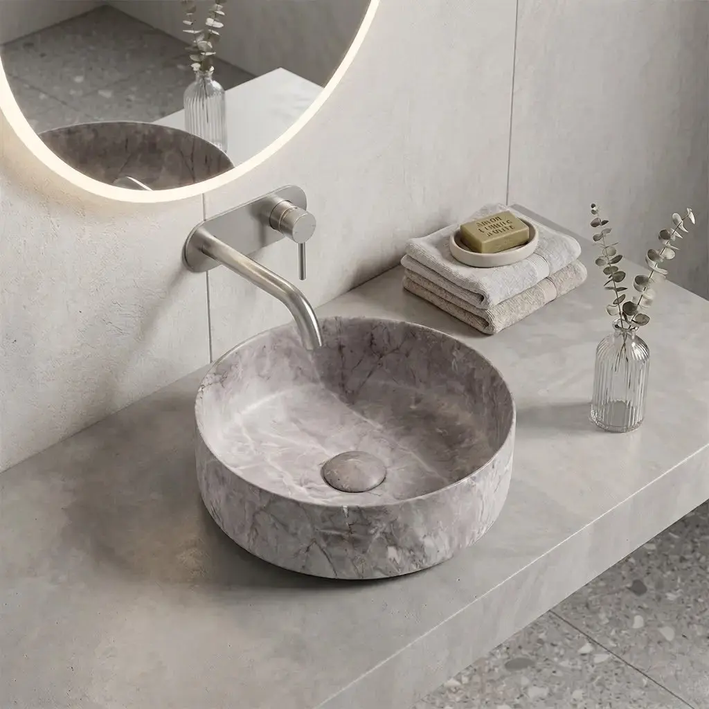 Vasque à poser ronde en céramique effet marbre gris, avec bonde assortie centrée