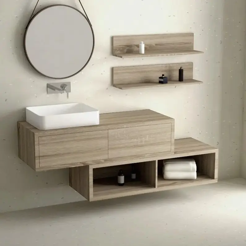 Ensemble meuble salle de bain 120 cm + caisson rangement et tablettes, Cambrian, Step