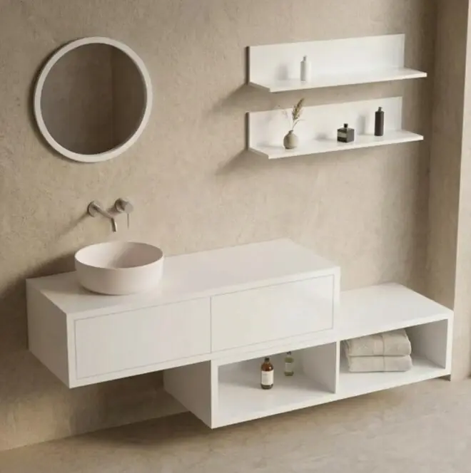 Ensemble meuble salle de bains 120 cm + caisson rangement et tablettes, Blanc, Step