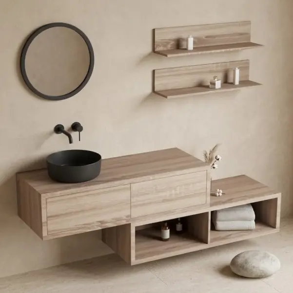 Ensemble meuble salle de bain 120 cm + caisson rangement et tablettes, Cambrian, Step