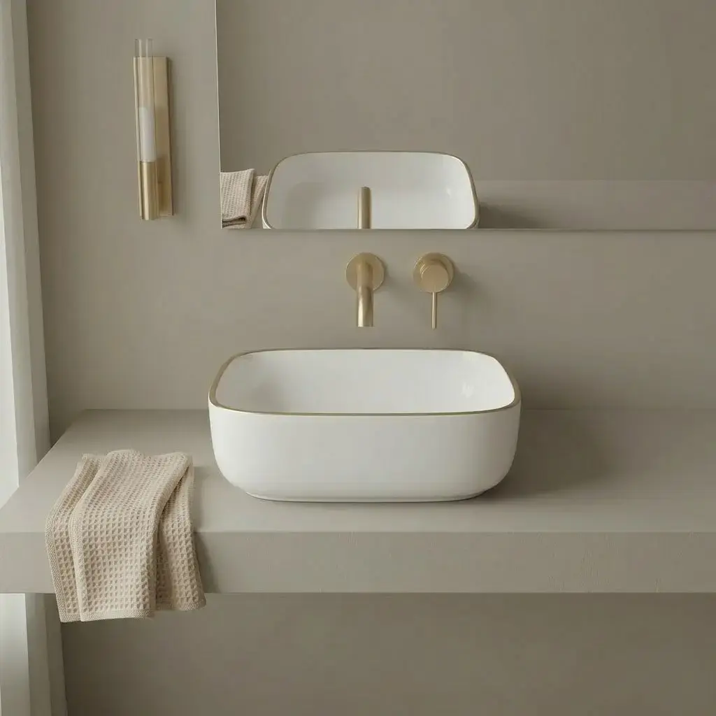 Vasque à poser 37,5 x 37,5 cm carrée, céramique, Blanc mat avec liseré Or, made in France, Fil