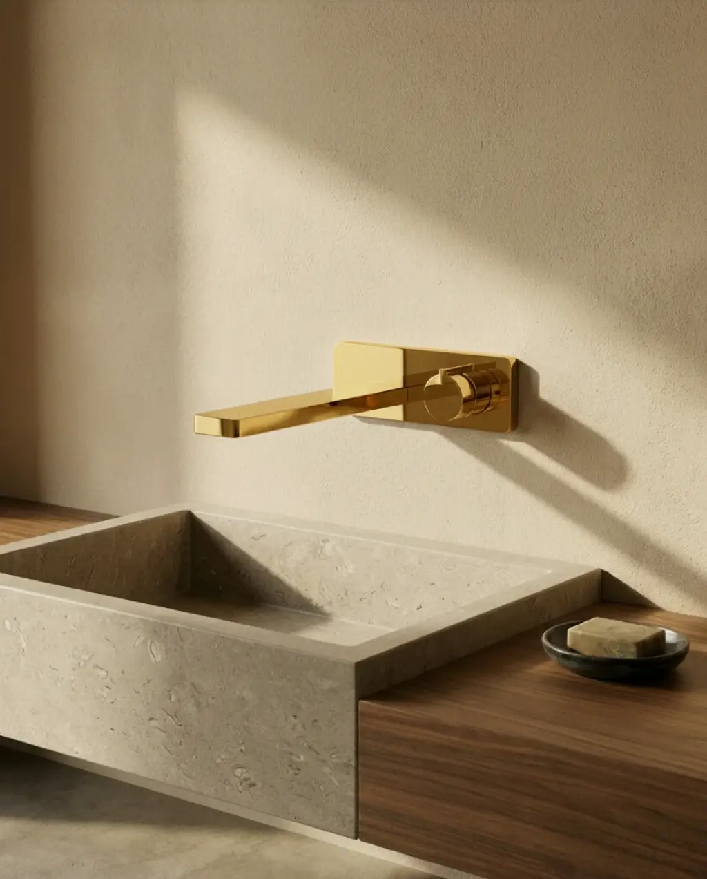 Robinet mitigeur lavabo mural encastré doré brossé, Carrousel (1).webp