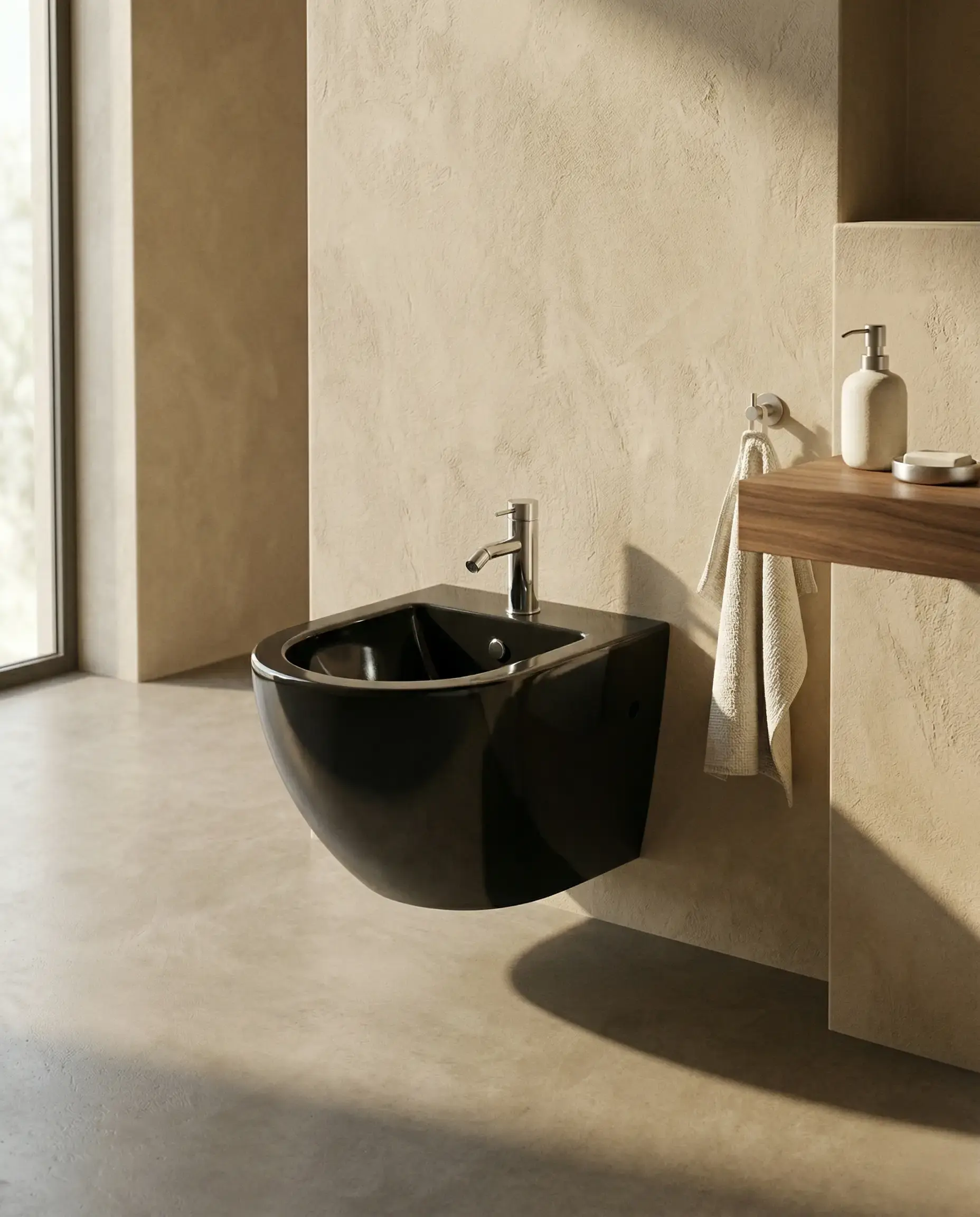 Bidet mural suspendu compact en céramique grade AAA finition noire.