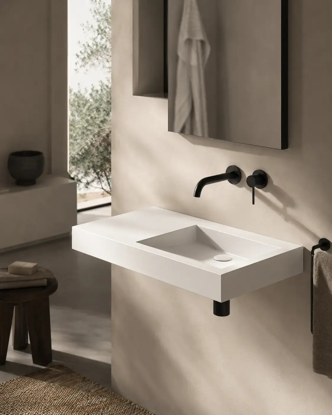 Lavabo suspendu 81 x 45,5 cm, droite ou gauche, matière composite, Mineral
