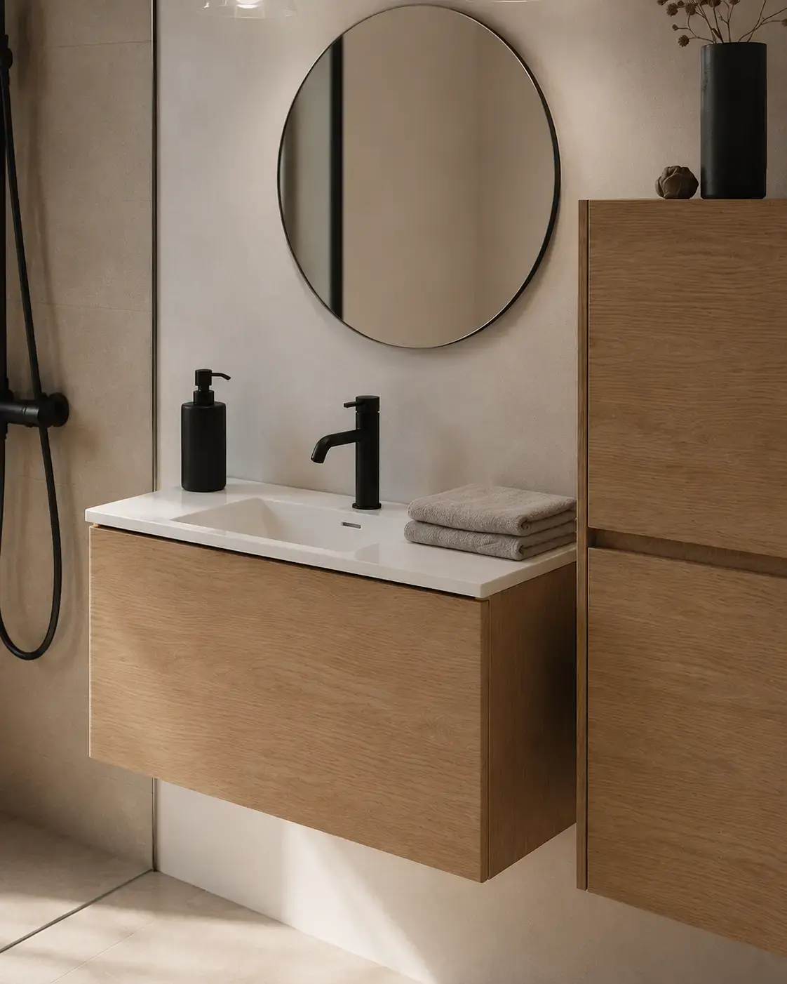 Meuble salle de bains 80 cm, 1 tiroir et colonne, Frêne foncé, Caruso