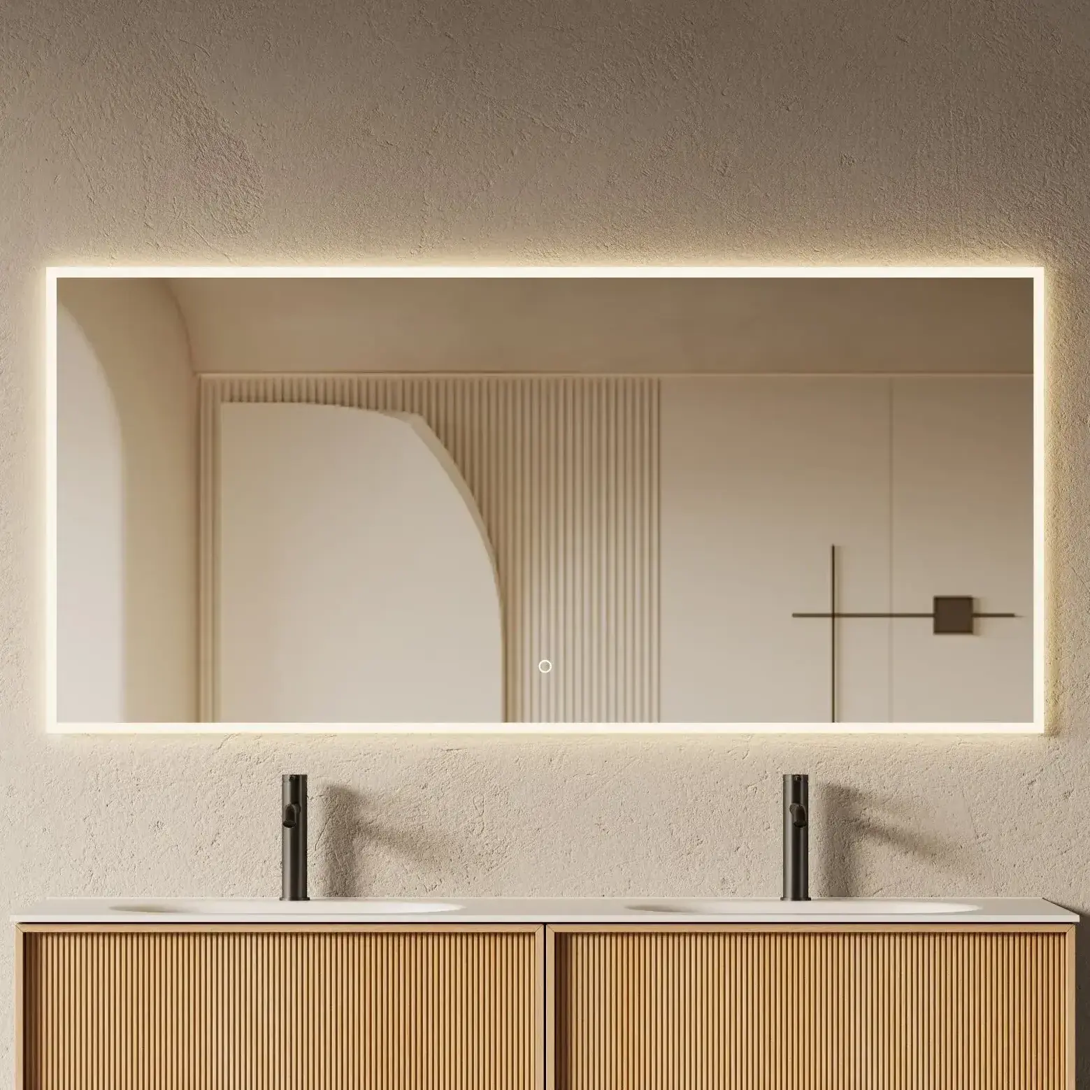 Miroir suspendu LED rectangulaire avec fonction antibuée Noa 150x70 cm au-dessus d'un meuble de salle de bain