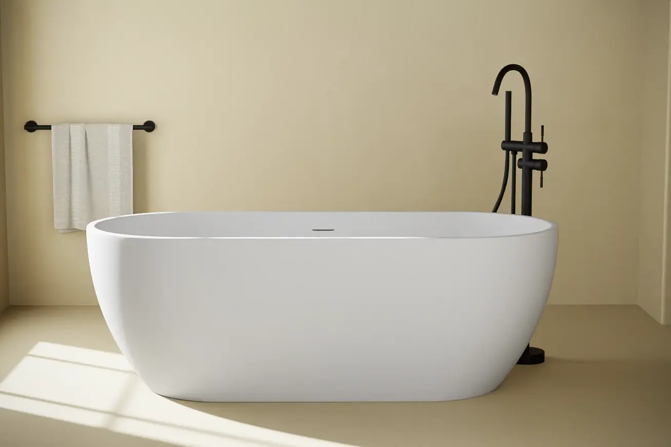 Baignoire îlot ovale blanche finition mat Calipso posée dans une salle de bain minimaliste beige avec robinetterie sur pied noire.