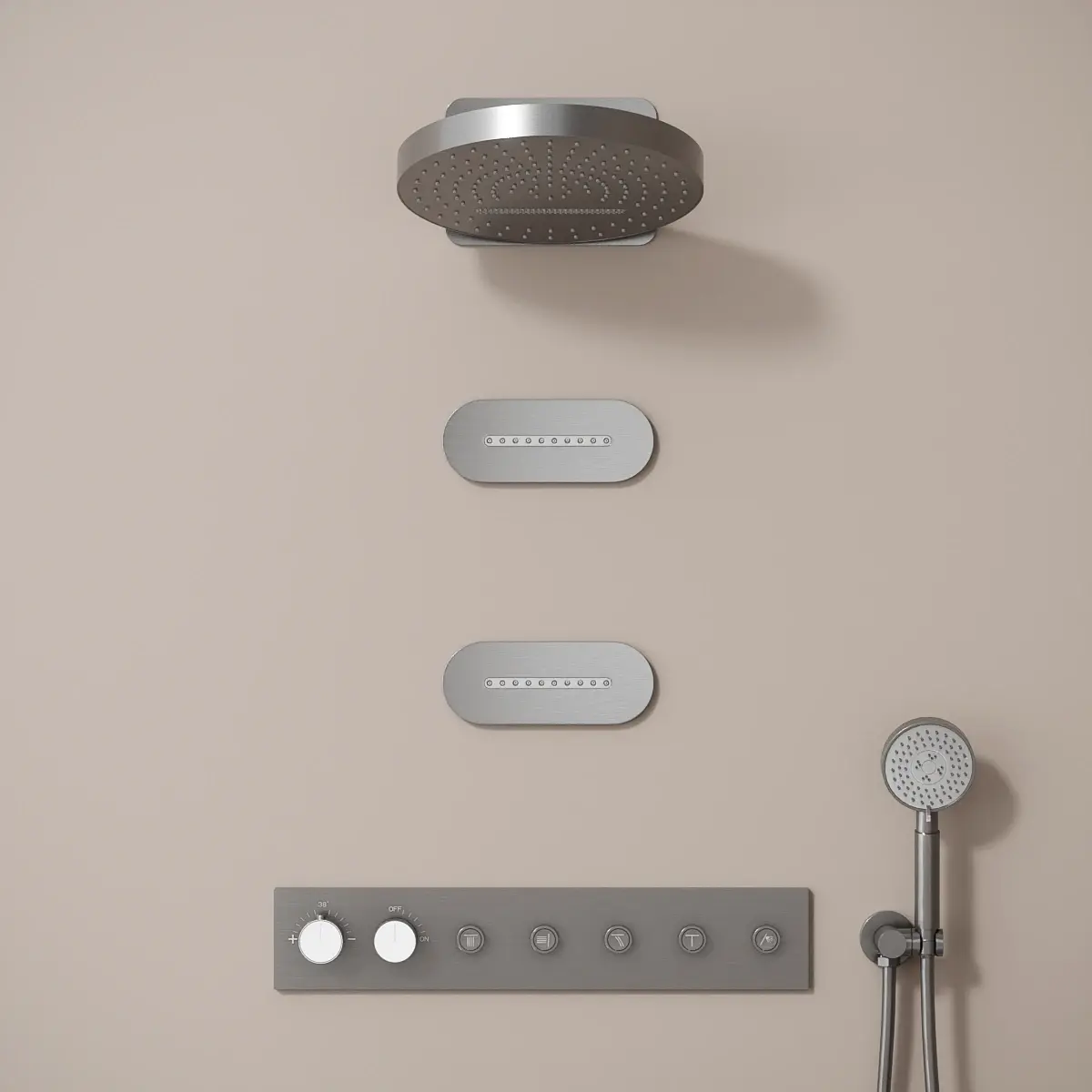 Douche thermostatique, ciel de douche ronde et buses, inox brossé Châtelet 