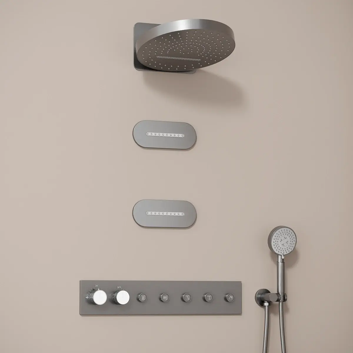 Composition de douche inox brossé Châtelet avec ciel de douche rond et buses à effet d’eau ondulée