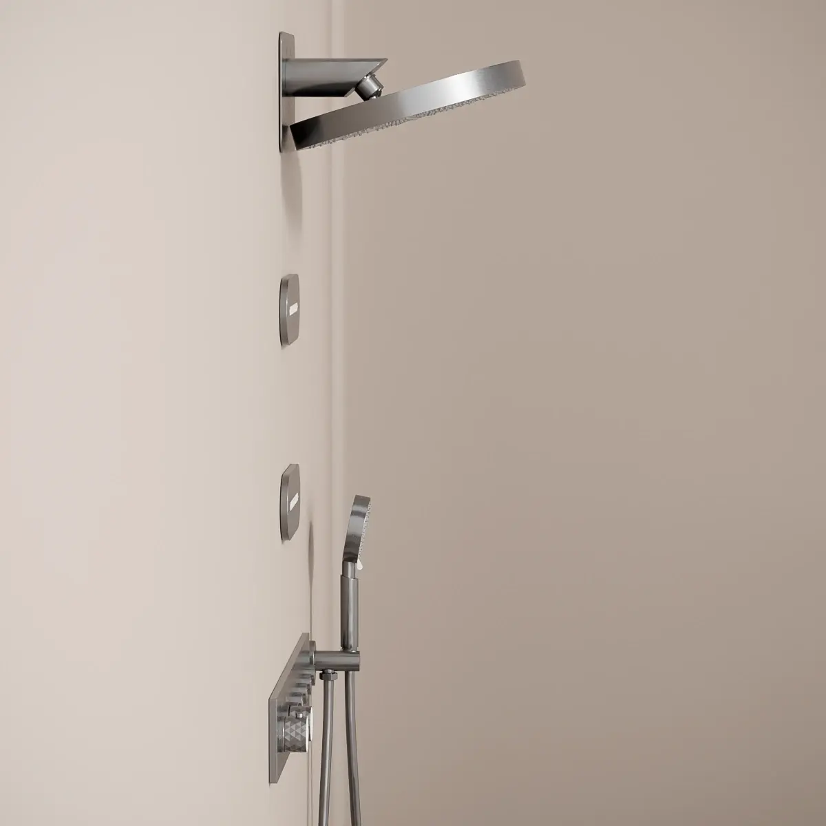 Douche thermostatique, ciel de douche ronde et buses, inox brossé Châtelet 